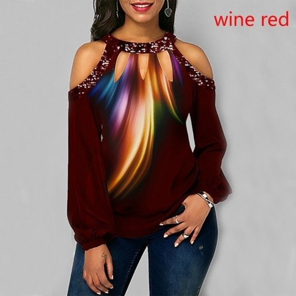 Tops - Off Shoulder Long Sleeve Blouse - Wine Red XL